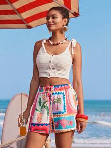 Travachic Tropical Print Loose Casual Shorts - Red - View 7