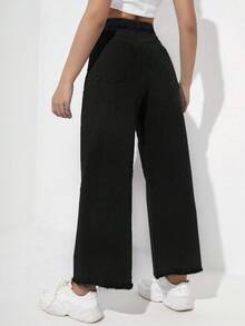 SHEIN ICON Plus Size Women Black Distressed Denim Long Pants, Fashion & Personalized Wide Jeans - Black - View 2