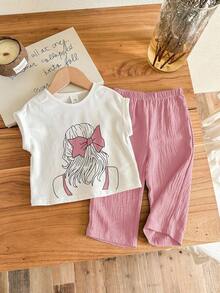 SHEIN LMoss Kids Bộ đồ 2 món mùa hè dễ thương cho bé gái: Áo thun ngắn tay và quần cạp chun màu xanh dương. - Hồng - Xem 7