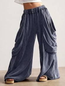 Bohemela Celana Rajut Longgar Warna Polos Kasual Wanita dengan Motif Dicuci - Navy Blue - View 7
