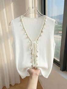 Franclia New Summer Beach Holiday Casual Vacation Bohemian Style Shell Beaded Trim V-Neck French Relaxed Vacation Sweet Element Relaxed Vacation Atmosphere Versatile Cardigan, High-End Design Sense, Elegant Ladies Cardigan - White - View 10