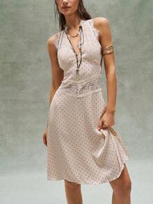 Bohemela Casual Woven Polka Dot Backless Mid-Length Dress For Women - Apricot - View 4