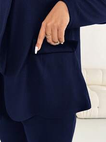 SHEIN Essnce Damen Große Größen Mode Herbst und Winter Lässig Locker Bequem Täglicher Schwarzer Hosenanzug Jacke und Leggings Zweiteiler Set, Business Lässig, Herbst Outfits, Bürokleidung - marineblau - Übersicht 7