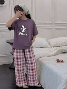 DAZY 2pcs Tween Girl Girls' Casual Printed Short Sleeve T-Shirt And Pants Set, Fall Outfit - Purple - View 4