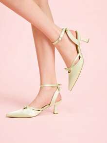 CUCCOO DOLLMOD Apricot Satin Pointed Toe High Heels, Bowknot Lace-Up Hollow Out Stiletto Wedding Shoes - Apricot - View 3