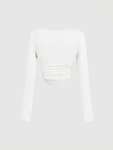 SHEIN MOD 4件套女士褶皱休闲方领长袖T恤套装，保暖衣物，秋季女装，外出上衣，假日女装，新年装，棕色上衣 - 彩色 - 查看 6
