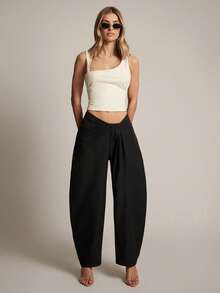Hauture Women's Low Front With Ruched Detail Stretch Woven Barrel Pant - Black - View 3