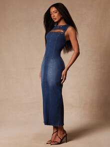 NYA SZN Denim Dress Fitted Bodycon Hardware Detail Cutout Seaming Maxi Length Easter St. Patricks Day Brunch Casual Everyday Going Out Office Siren Western Country Date Night Elegant Luxury Dark Wash Outfits For Women - Dark Wash - View 6