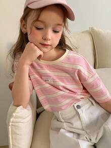 DAZY 少女条纹圆领短袖休闲宽松百搭T恤 - 粉色 - 查看 8