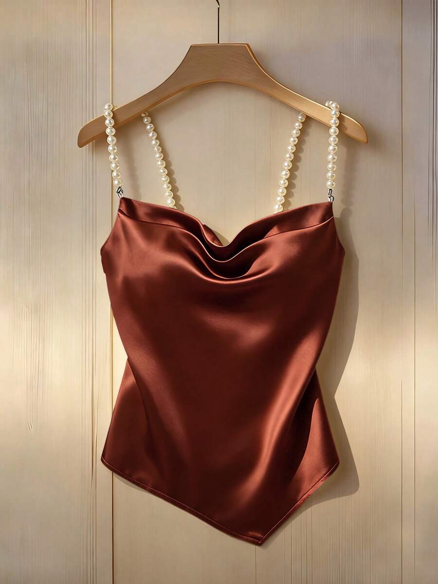 Franclia Áo hai dây nữ thanh lịch, đa năng, đính ngọc trai, chất liệu satin bóng, dáng bất đối xứng, thích hợp cho mùa xuân/thu. - màu nâu - Xem 1