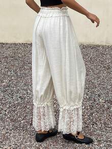Livesso Women's Lace Patchwork Cream White Casual Pants,Drawstring Waist Boho Summer Holiday Vacation,Spring Picnic Beach,Music Festivals Wedding Commuting - White - View 4