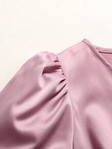 SHEIN 少女缎面花瓣袖收腰喇叭裙摆晚礼服 - 粉色 - 查看 5