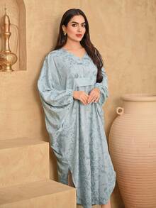 DAZY 女士优雅碎花V领宽松长连衣裙，春夏款 - 藍色 - 查看 3