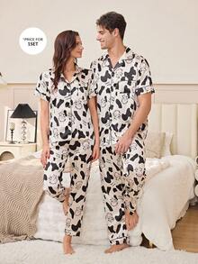 CoupledUp Cartoon Cow Animal Print Contrast Trim Poplin Short Sleeve Pajama Set With Lapel Collar For Men - Multicolor - View 6