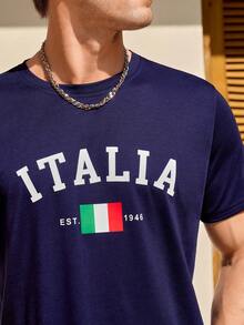 Manfinity CityGents 男士夏季字母印花圓領短袖休閒T恤 - 寶藍色 - 查看 4