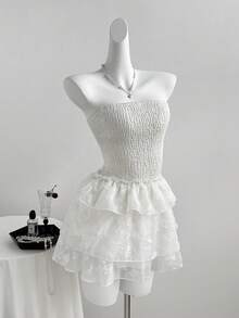 Sweetra Đầm ngắn nữ mùa xuân/hè bằng chiffon thêu, kiểu dáng corset, viền bèo nhún, thích hợp cho kỳ nghỉ. - trắng - Xem 1