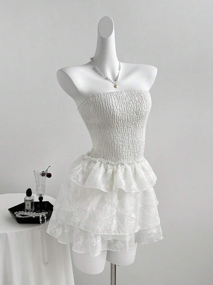 Sweetra Đầm ngắn nữ mùa xuân/hè bằng chiffon thêu, kiểu dáng corset, viền bèo nhún, thích hợp cho kỳ nghỉ. - trắng - Xem 1