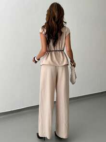 RiviMae Fashionable Elegant Casual Loose Scoop Neck Short Sleeve Top With Belt And Wide Leg Pants Women's Spring/Summer Khaki 2 Pieces Set - Khaki - View 2