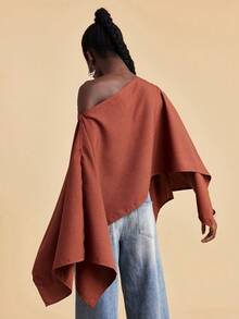 Travachic 女士休闲不对称纯色上衣，夏季，度假休闲套装，适合夏季假期、春假、派对、海滩、春季、情人节、狂欢节等场合，优雅百搭，适合春夏季节、派对、夏季上衣、情人节上衣、狂欢节服装、墨西哥风情波西米亚风上衣，一件多穿 - 鏽棕色 - 查看 3