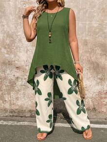 EMERY ROSE Plus Size 2 Pieces Set: Paisley Print Sleeveless Top And Wide Leg Pants - Army Green - View 4