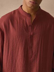 Grandad Collar Long Sleeve Drop Shoulder Quarter Button Up Linen Shirt Spring Summer Essentials Beachside - Brown - View 2