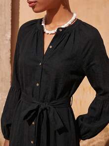 Maija 女士长款衬衫裙，配腰带 - 黑色 - 查看 3