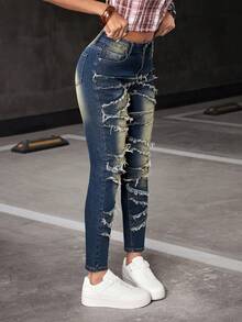 Flirla Women's Fashion Patchwork Y2K Elastic Fitted Sexy Skinny Jeans - Dark Wash - View 4