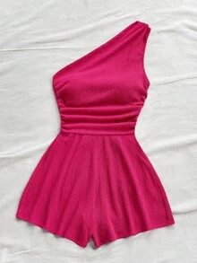 Soleia 大码女式休闲褶皱无袖连体裤，适合度假、秋冬季穿着 - 玫紅色 - 查看 4