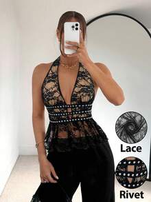 Siren Gaze Sexy Deep V-Neck Black Lace Studded Halter Top, Cinched Waist With Metal Studs And Ruffled Design, Perfect For Summer. - Brown - View 7