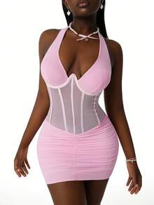 Amplova Halter Neck Sleeveless Rhinestone Waist Cinched Sheer Ruched Sexy Party Mini Dress - Baby Pink - View 2