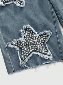 ROMWE MEN Heavy-Duty Washed Star Embroidered Distressed Denim Shorts, Loose Fit Rhinestone Embellished Men's Casual Pants - Blue - View 4