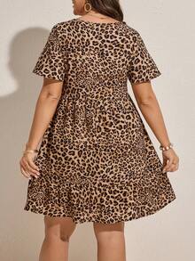 Comfylo Plus Size Leopard Print Round Neck Casual Short Sleeve Dress - Multicolor - View 3