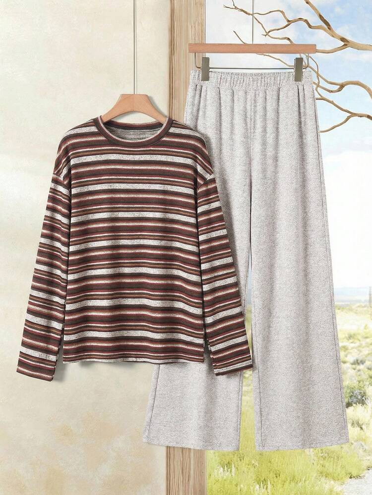 Rusticease 2 piezas Conjunto de top de manga larga y pantalones de punto texturizado casual para mujer - Multicolor - Añade 3