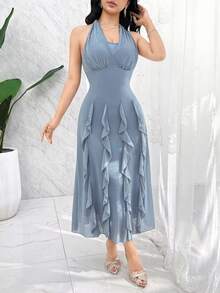 Feyla Đầm dạ hội cổ bèo thiết kế mới, kiểu dáng lãng mạn, thanh lịch, thích hợp cho kỳ nghỉ. - Màu xanh bụi bặm - Xem 5