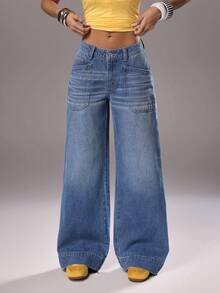 TRNVIE Jeans amples et décontractés à taille haute et jambes évasées avec poches pour femmes - Bleu azur - Voir 5