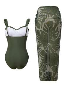 Swim Oasis 春夏热销沙滩度假风露背花卉饰边吊带衫，领口系带花卉饰边，褶皱上身+植物印花网纱裙两件套 - 彩色 - 查看 2