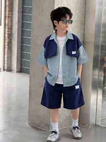 SHEIN Little Byeori 2pcs Kids Tween Boy Navy Blue Summer Casual School Back-To-School Contrast Color Block Striped Collar Cardigan & Shorts Set,Tracksuit,Y2K Outfit Set - Multicolor - View 6