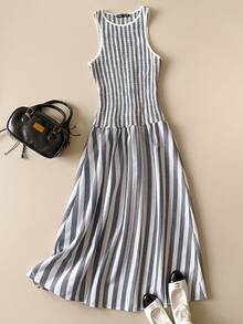 Muvela New Arrival Spring/Summer Gray & White Striped Round Neck Sleeveless Shift Dress, Suitable For Urban Commute - Multicolor - View 1