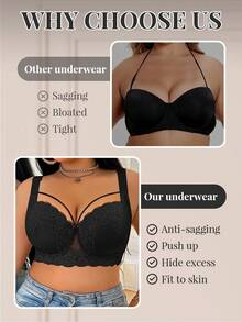 DesireSculpt 1pc Plus Size Lace Contrast Mesh Underwire Bra - Black - View 6