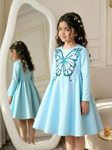 Sky Blue,Autumn,Elegant,Traditional,Wedding Girls Blue Butterfly Dress,Arabic Kids Sequin Long Sleeve Moroccan Caftan,Prayer Abaya Kids Summer Outfit - Blue - View 6
