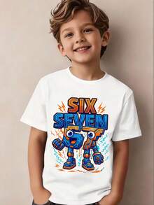 Tween Boys' Casual Fashionable Minimalist "67" Graphic Print Short Sleeve Round Neck T-Shirt, Suitable For Outings, White Short Sleeve Top "Six Seven" Top, Suitable For Summer And All Seasons - White - View 1