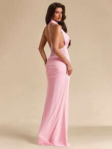 SHEIN BAE 女士纯黑色露背吊带鱼尾连衣裙，黑色连衣裙，婚礼宾客礼服，优雅连衣裙 - 黑色 - 查看 3