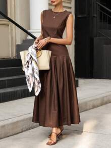 Editum Đầm dài nữ kiểu dáng thanh lịch, màu trơn, chất liệu 100% cotton, mềm mại, thoáng mát như vải lanh, phù hợp cho đi làm hàng ngày, công sở và nhiều dịp khác. - màu nâu - Xem 6