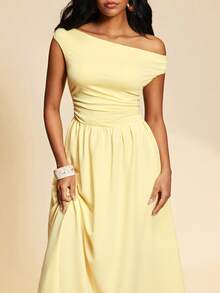 Travachic 女士纯色褶皱不对称腰身优雅长款派对连衣裙，适合夏季度假、夏季连衣裙、夏季服装、女士夏季连衣裙、女士沙滩装、黄色连衣裙、女士优雅连衣裙、优雅长款连衣裙 - 黃色 - 查看 1