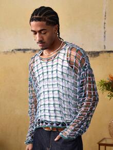 ROMWE MEN Street Life Men's Round Neck Fishnet Hollow Casual Versatile Daily Knit Long Sleeve Top - Multicolor - View 5