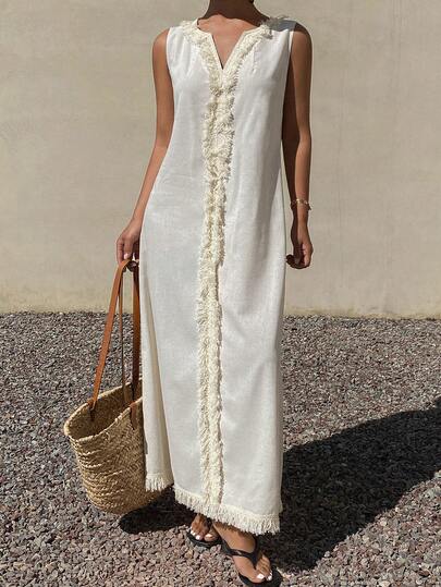 DAZY Vestido casual holgado sin mangas con dobladillo con flecos de patchwork, para verano y vacaciones
