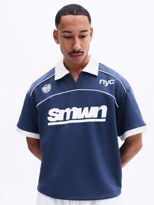 SUMWON 休闲短款宽松印花 Polo 衫，白色领子，撞色滚边细节，短袖夏季街头风 - 藍色 - 查看 1