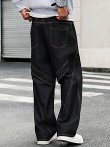 Manfinity EMRG Men's Graphic Design Loose Fit Straight Leg Jeans Black Baggy Jean  New Vintage - Black - View 2