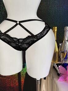 2pcs Black Lace Rivet Choker Sexy Lingerie Set - Black - View 8