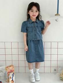 DAZY Conjunto informal de niña joven de primavera: camisa de manga abullonada con botones y minifalda de mezclilla - Azul lavado medio - Ver 6